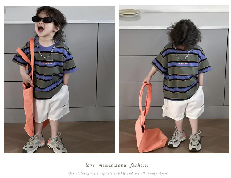 Kids Striped T-Shirt Boys Green Blue Short Sleeve — feature 13