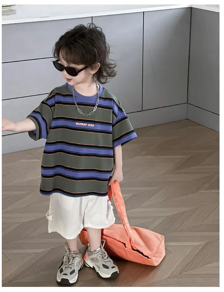 Kids Striped T-Shirt Boys Green Blue Short Sleeve — feature 14