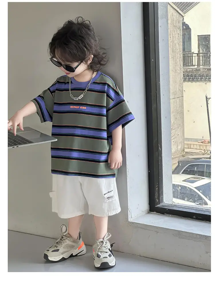 Kids Striped T-Shirt Boys Green Blue Short Sleeve — feature 15