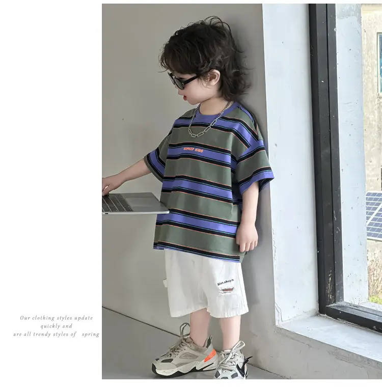 Kids Striped T-Shirt Boys Green Blue Short Sleeve — feature 16