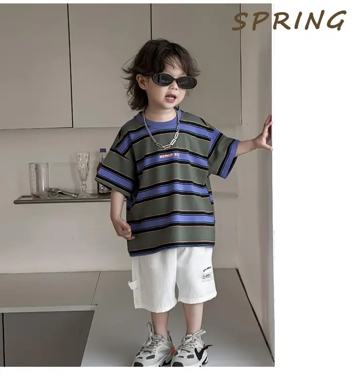 Kids Striped T-Shirt Boys Green Blue Short Sleeve — feature 17