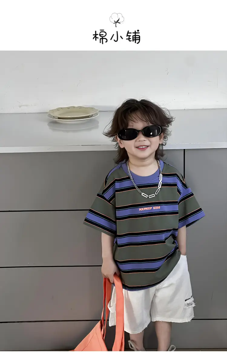 Kids Striped T-Shirt Boys Green Blue Short Sleeve — feature 3