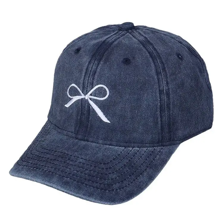 Washed Distressed Baseball Cap Women Bow Embroidered 2024