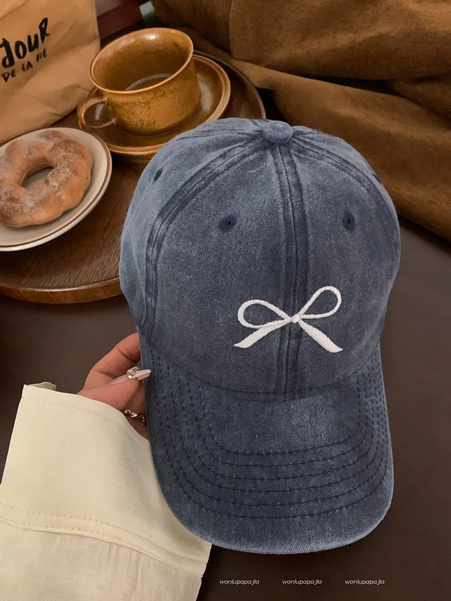Washed Distressed Baseball Cap Women Bow Embroidered 2024