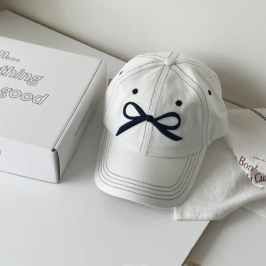 Women Korean Bow Embroidered Baseball Cap White - Image 6