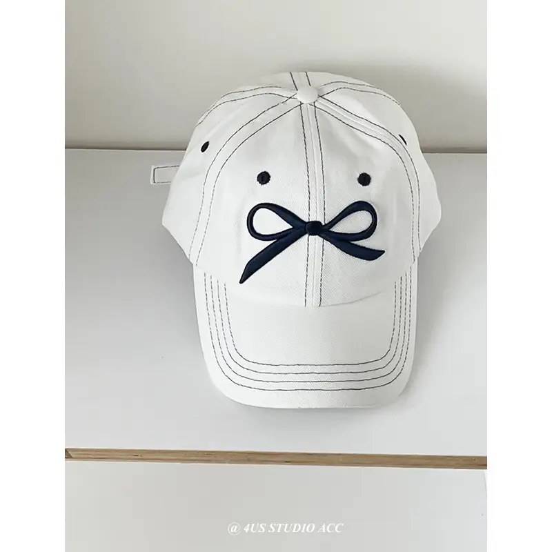 Women Korean Bow Embroidered Baseball Cap White - Image 2