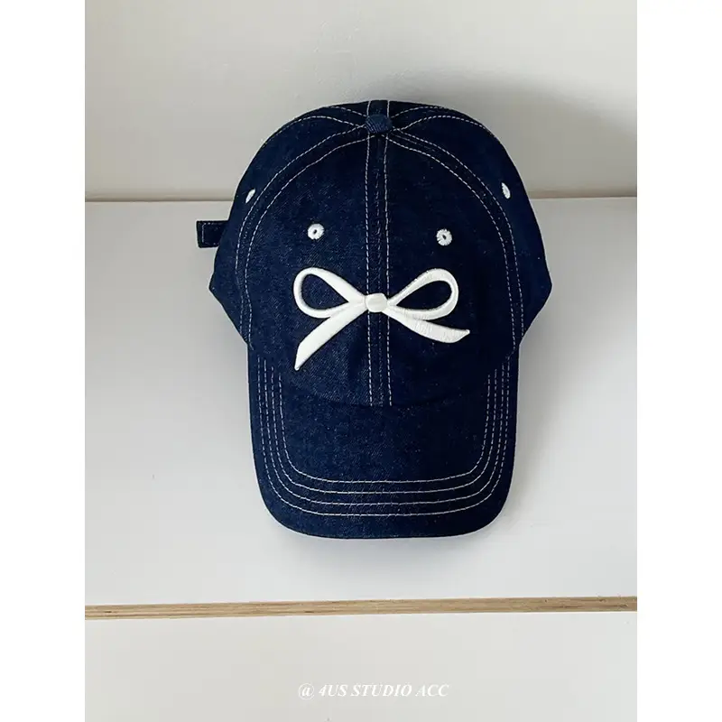 Women Korean Bow Embroidered Baseball Cap White - Image 3