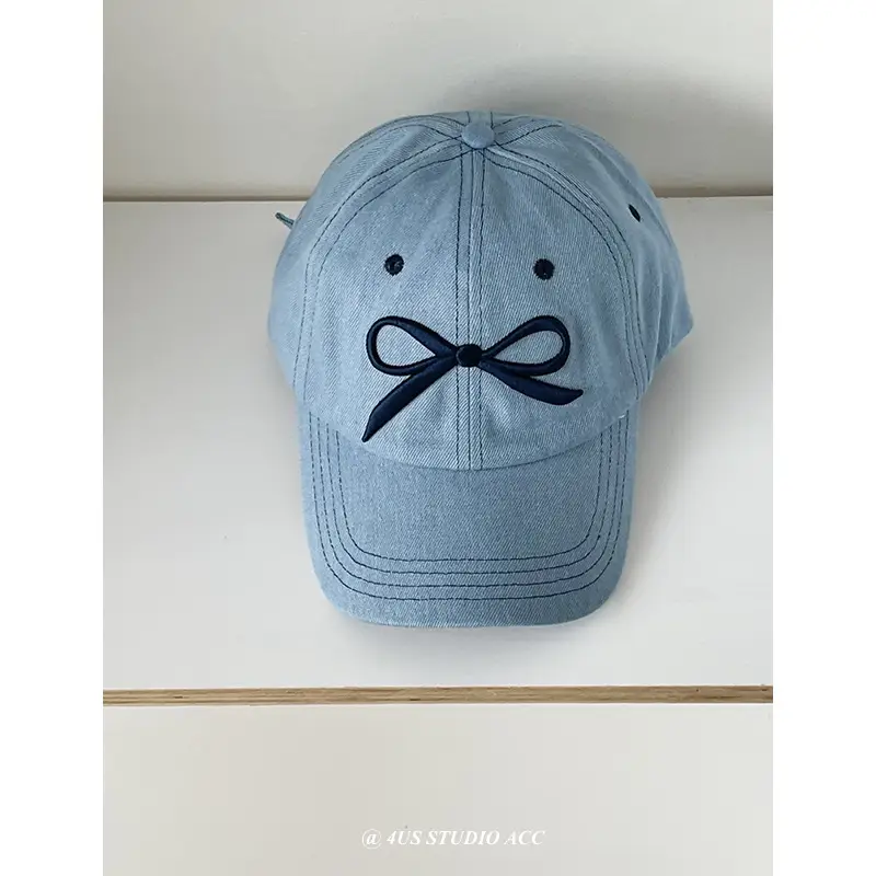 Women Korean Bow Embroidered Baseball Cap White - Image 4