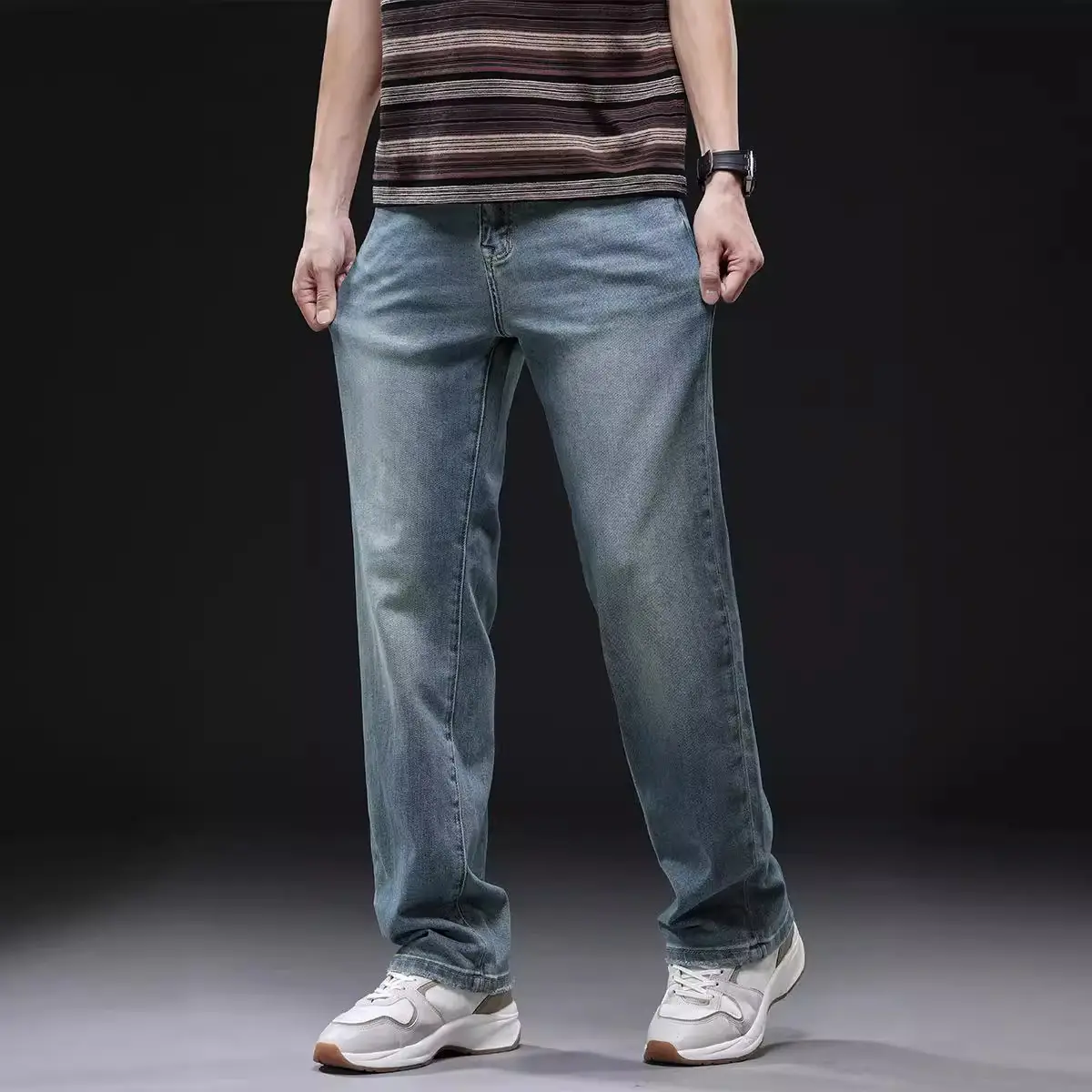 Men's Distressed Wash Blue Jeans Mid Elastic Straight Cut