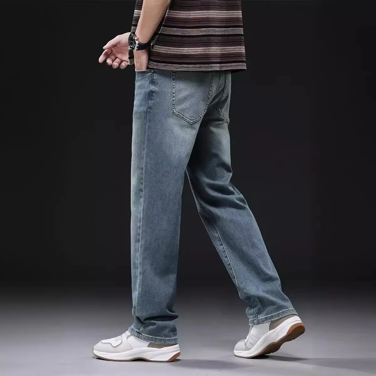 Men's Distressed Wash Blue Jeans Mid Elastic Straight Cut