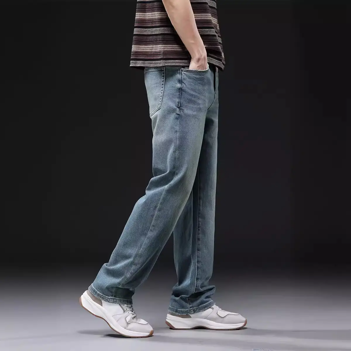 Men's Distressed Wash Blue Jeans Mid Elastic Straight Cut