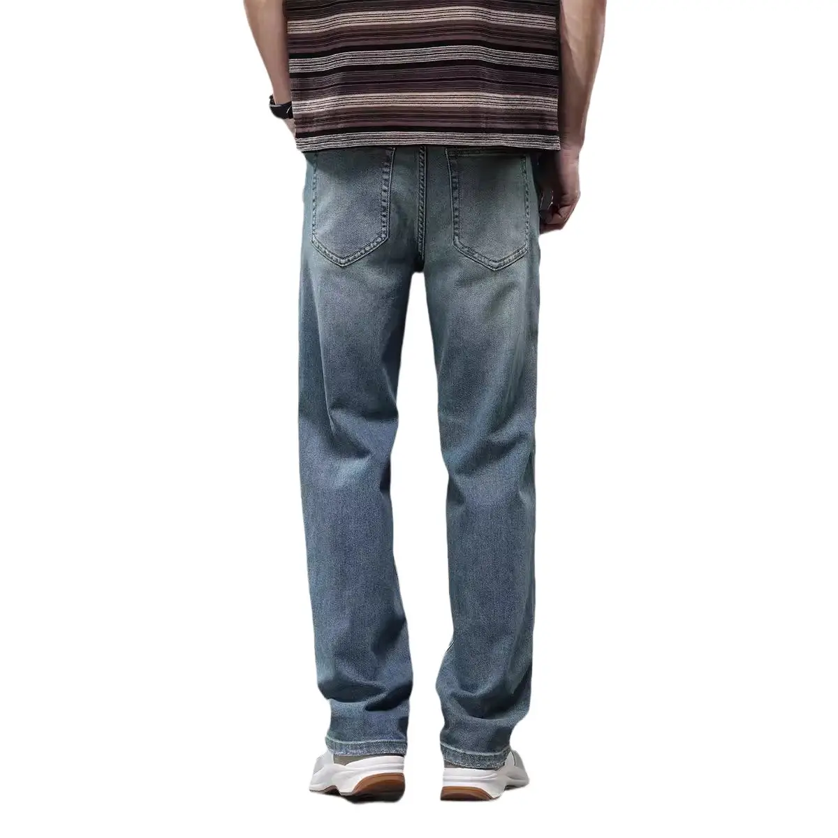 Men's Distressed Wash Blue Jeans Mid Elastic Straight Cut