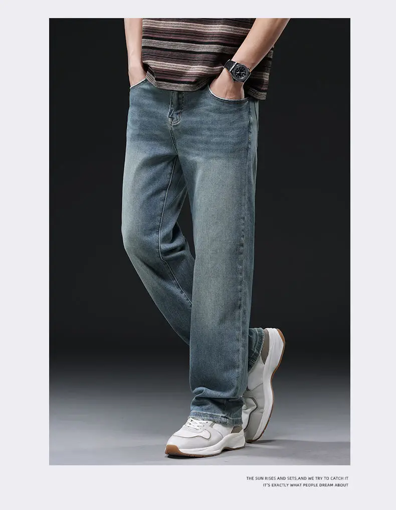 Men's Distressed Wash Blue Jeans Mid Elastic Straight Cut — feature 7