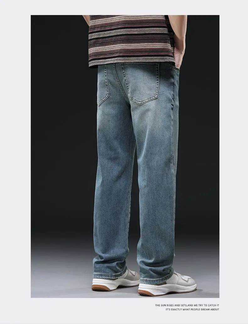 Men's Distressed Wash Blue Jeans Mid Elastic Straight Cut — feature 9