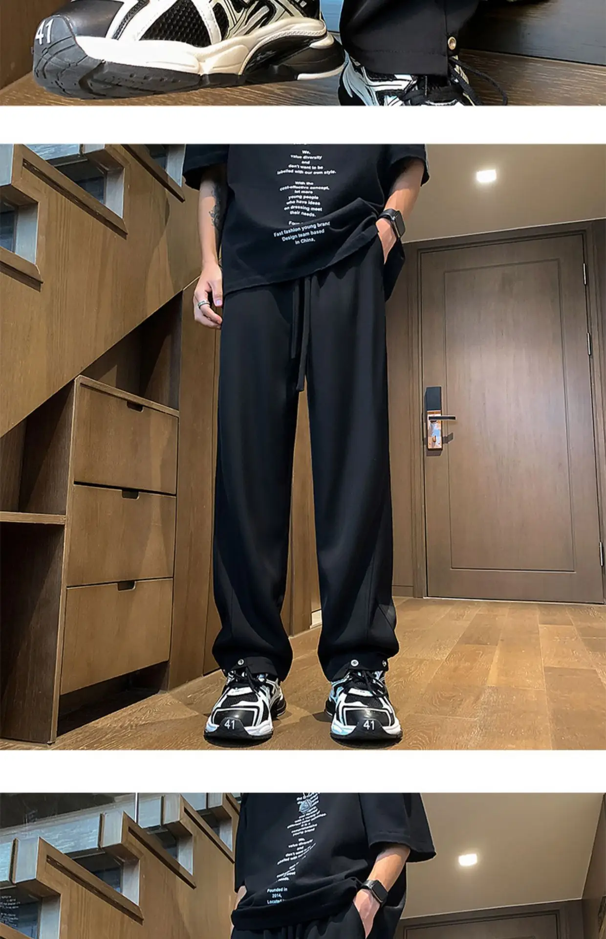 Men's Black American Casual Pants Loose Straight High Street — feature 14