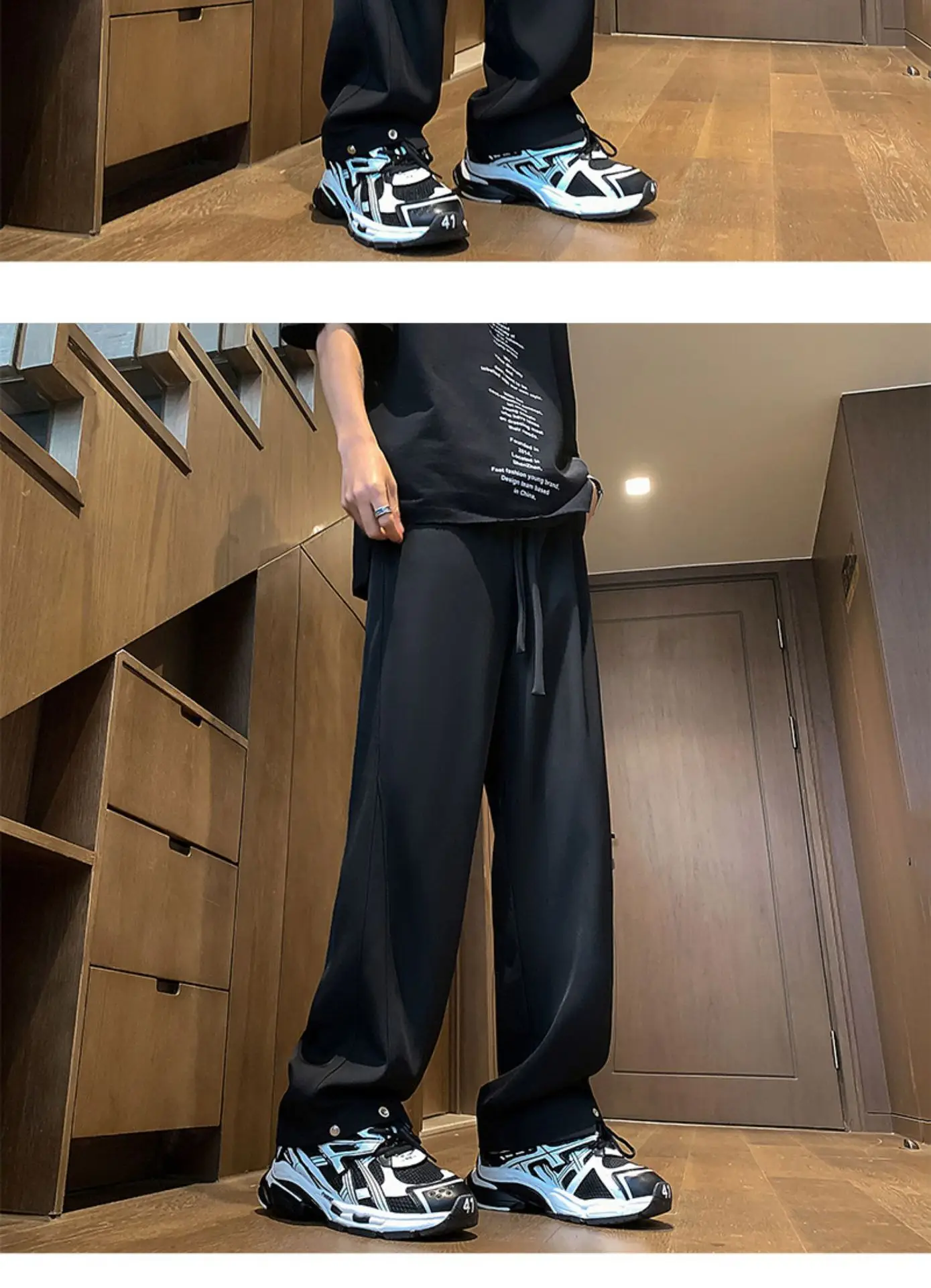 Men's Black American Casual Pants Loose Straight High Street — feature 16