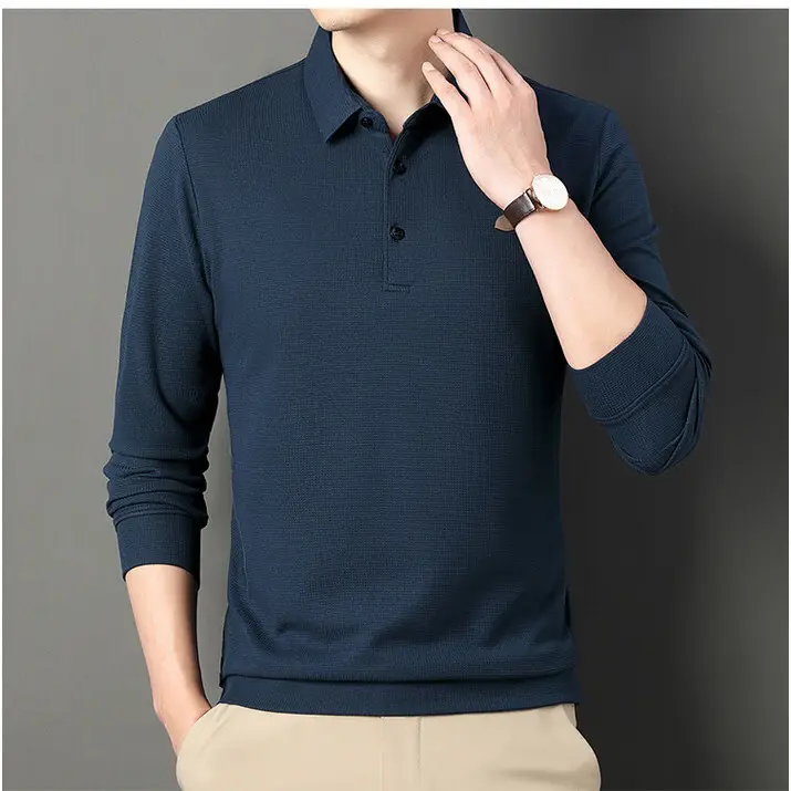 Men's Acetate Waffle Polo Shirt Navy Blue - Image 10