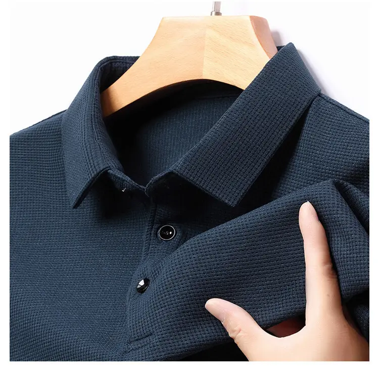 Men's Acetate Waffle Polo Shirt Navy Blue - Image 4