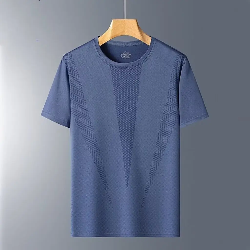 Men Blue Ice Silk Mesh T-Shirt Short Sleeve - Image 12