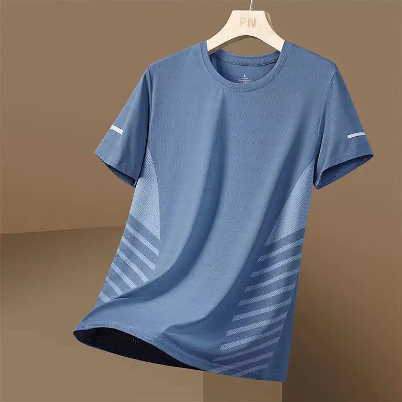 Men Blue Ice Silk Mesh T-Shirt Short Sleeve - Image 4
