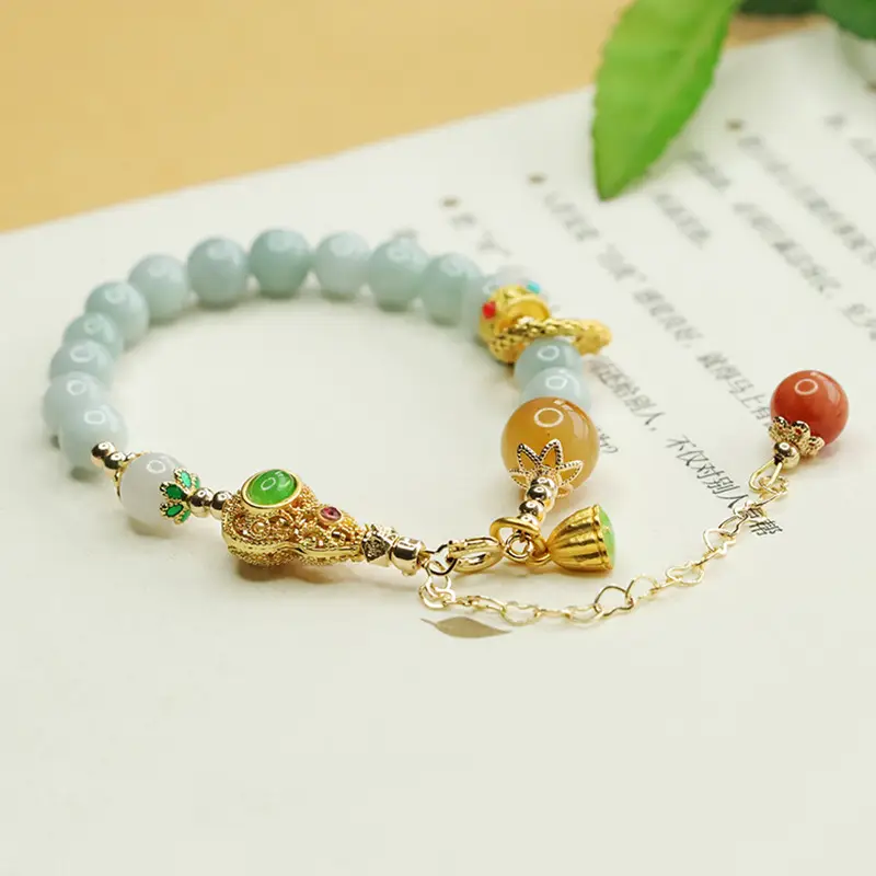 Aiyu Natural Jade Bracelet Round Beads Gold Clasp - Image 3