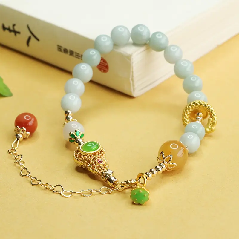 Aiyu Natural Jade Bracelet Round Beads Gold Clasp - Image 4
