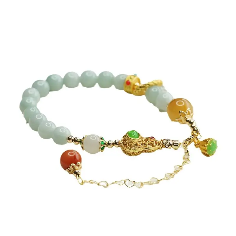Aiyu Natural Jade Bracelet Round Beads Gold Clasp - Image 5