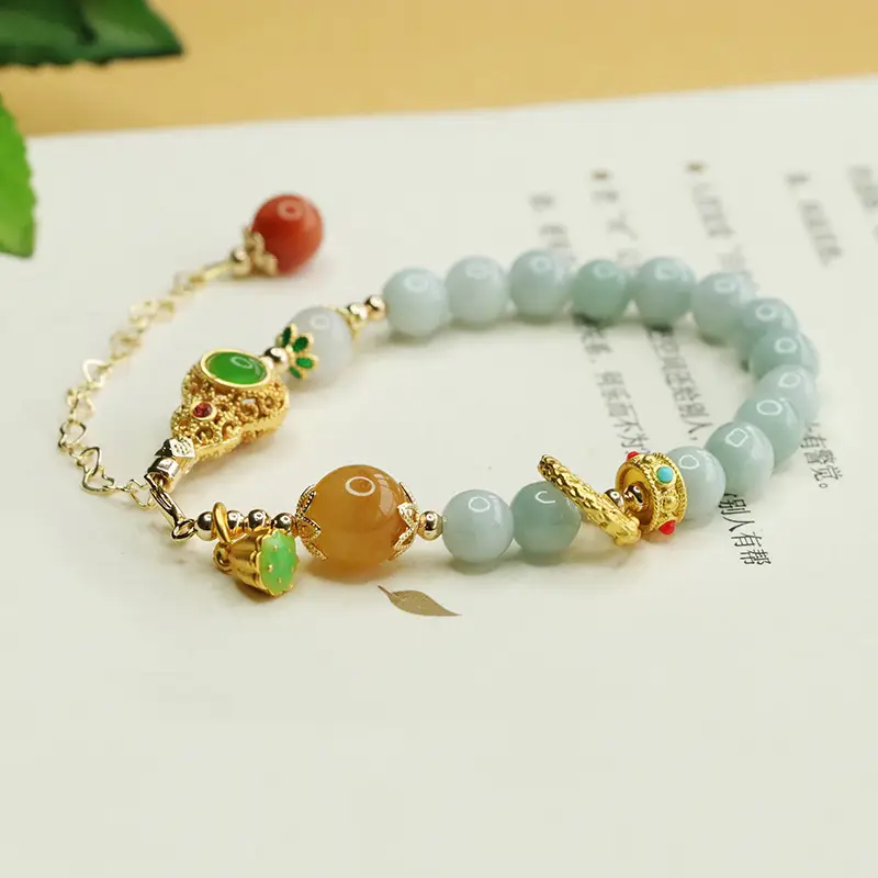Aiyu Natural Jade Bracelet Round Beads Gold Clasp — feature 1