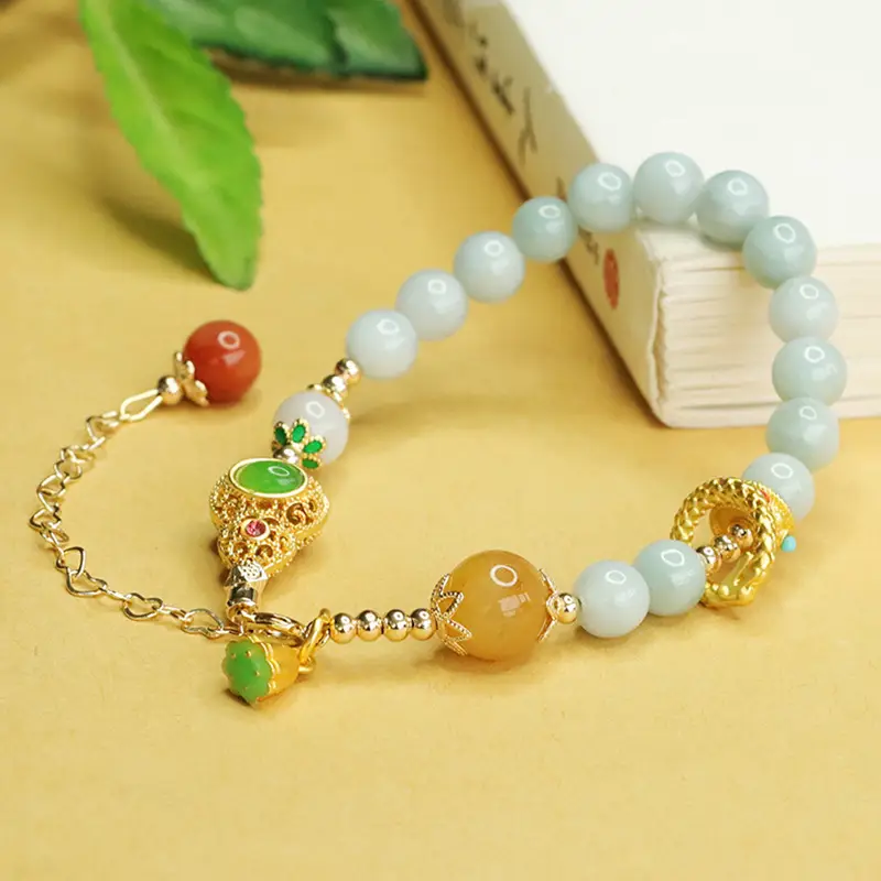 Aiyu Natural Jade Bracelet Round Beads Gold Clasp — feature 8