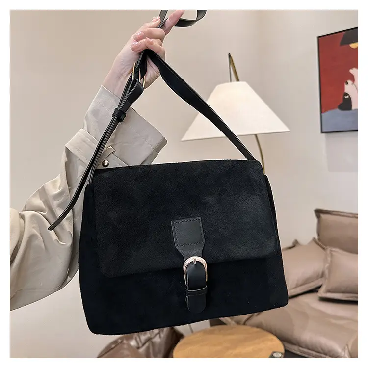 Black Frosted Velvet Shoulder Bag for Women - Image 5