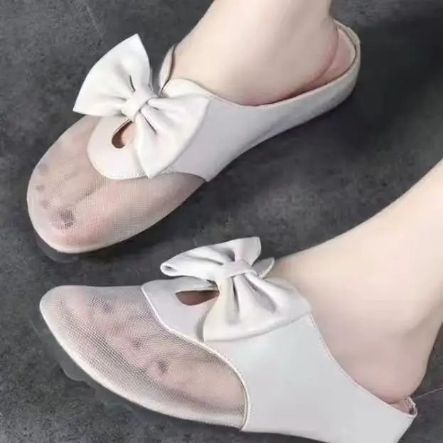Mesh flat sandals women's outer wear 2024 New closed toe mesh half slippers low heel bow slippers women's summer