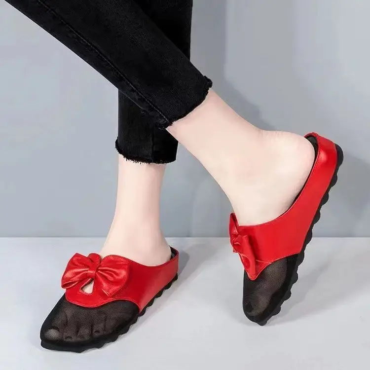 Mesh flat sandals women's outer wear 2024 New closed toe mesh half slippers low heel bow slippers women's summer