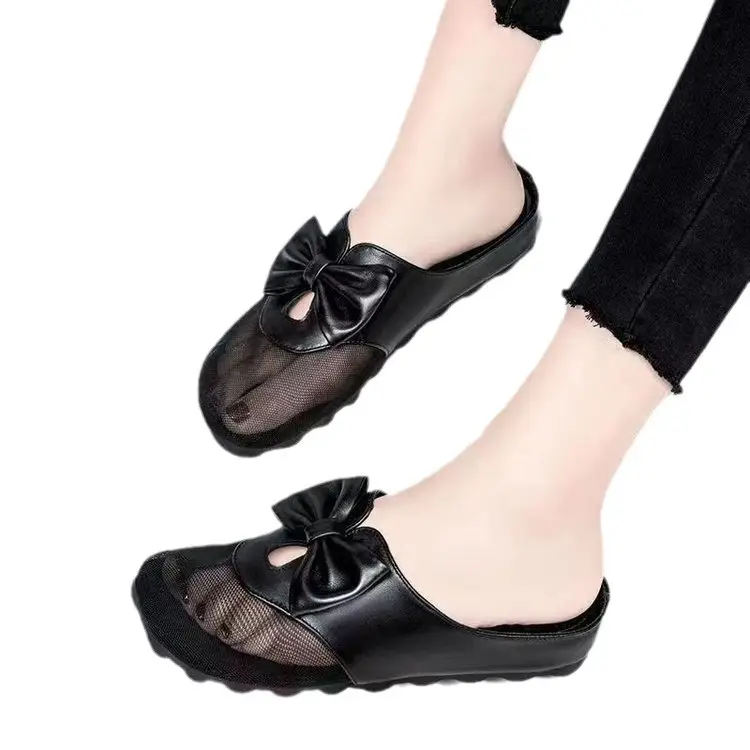 Mesh flat sandals women's outer wear 2024 New closed toe mesh half slippers low heel bow slippers women's summer
