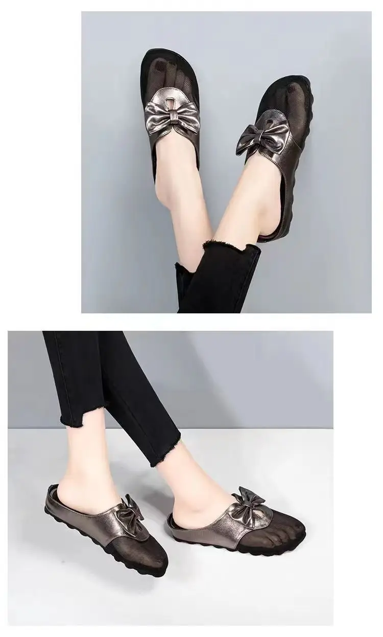 Mesh flat sandals women's outer wear 2024 New closed toe mesh half slippers low heel bow slippers women's summer — feature 10