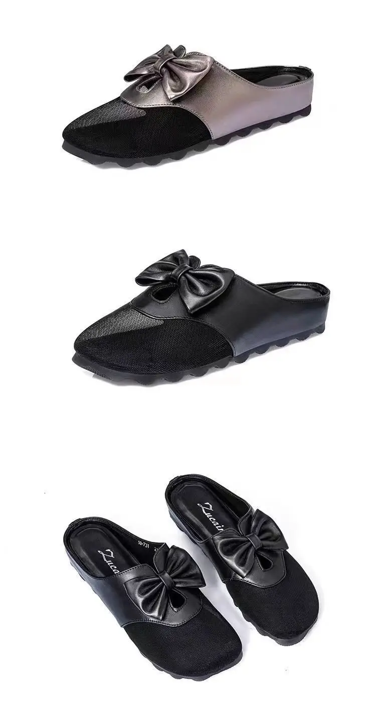 Mesh flat sandals women's outer wear 2024 New closed toe mesh half slippers low heel bow slippers women's summer — feature 11
