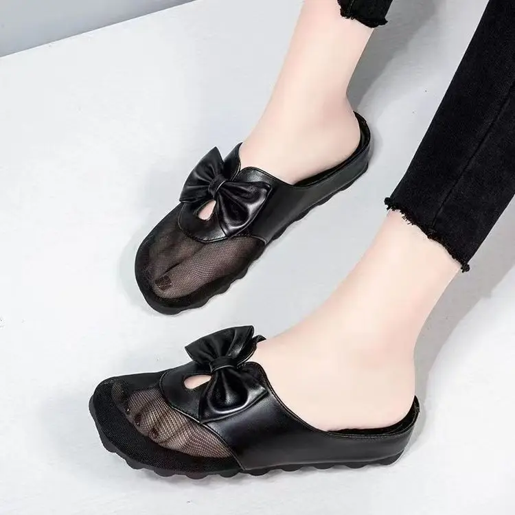 Mesh flat sandals women's outer wear 2024 New closed toe mesh half slippers low heel bow slippers women's summer — feature 3