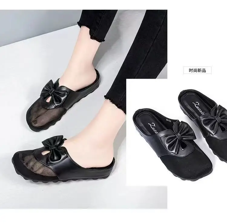 Mesh flat sandals women's outer wear 2024 New closed toe mesh half slippers low heel bow slippers women's summer — feature 5