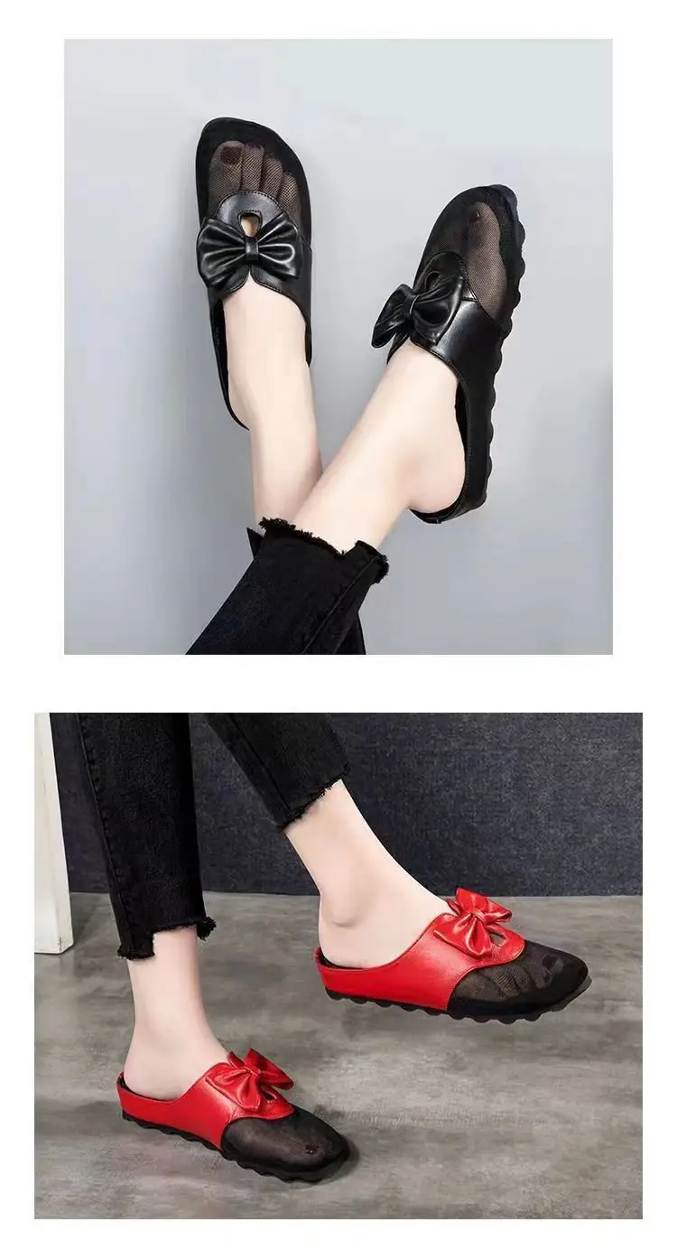 Mesh flat sandals women's outer wear 2024 New closed toe mesh half slippers low heel bow slippers women's summer — feature 6