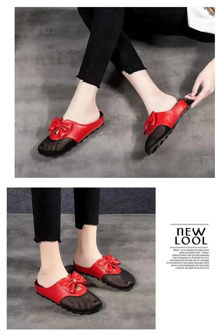 Mesh flat sandals women's outer wear 2024 New closed toe mesh half slippers low heel bow slippers women's summer — feature 7
