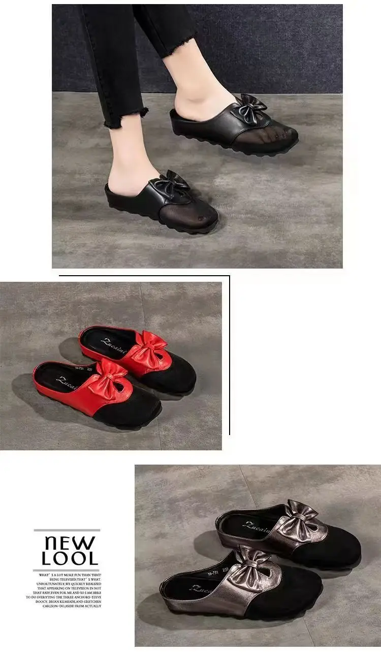 Mesh flat sandals women's outer wear 2024 New closed toe mesh half slippers low heel bow slippers women's summer — feature 8