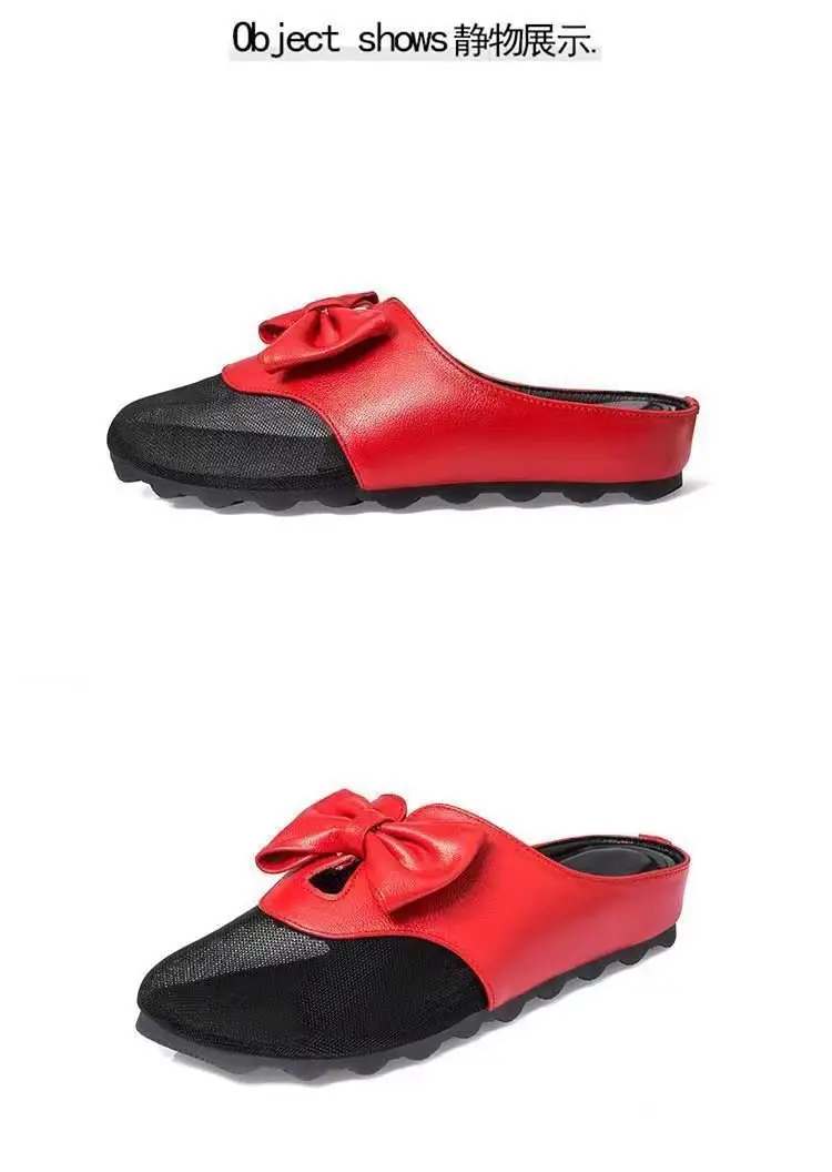 Mesh flat sandals women's outer wear 2024 New closed toe mesh half slippers low heel bow slippers women's summer — feature 9