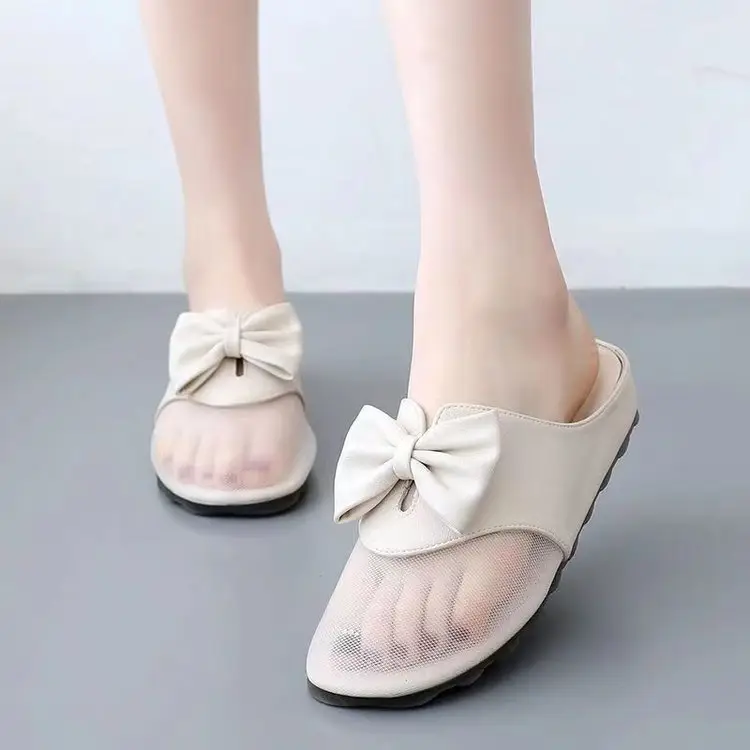 Mesh flat sandals women's outer wear 2024 New closed toe mesh half slippers low heel bow slippers women's summer