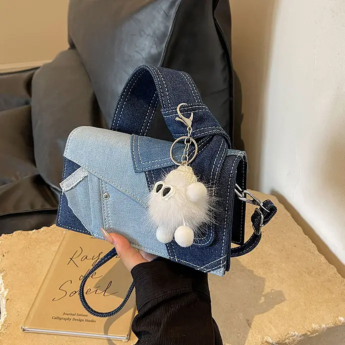 Women Denim Shoulder Messenger Bag Blue Light Square Design - Image 3