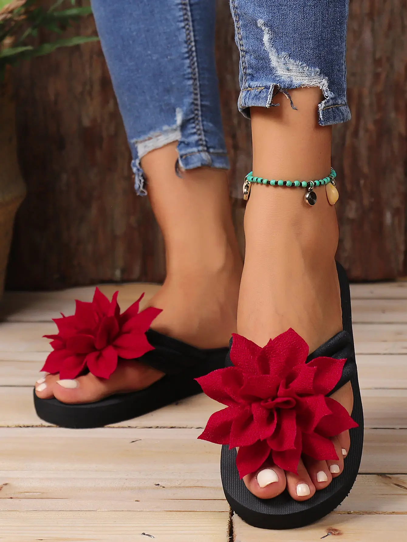 Women Red Flower Flip Flops Large Size Summer — feature 18