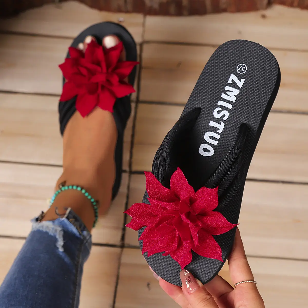 Women Red Flower Flip Flops Large Size Summer — feature 20