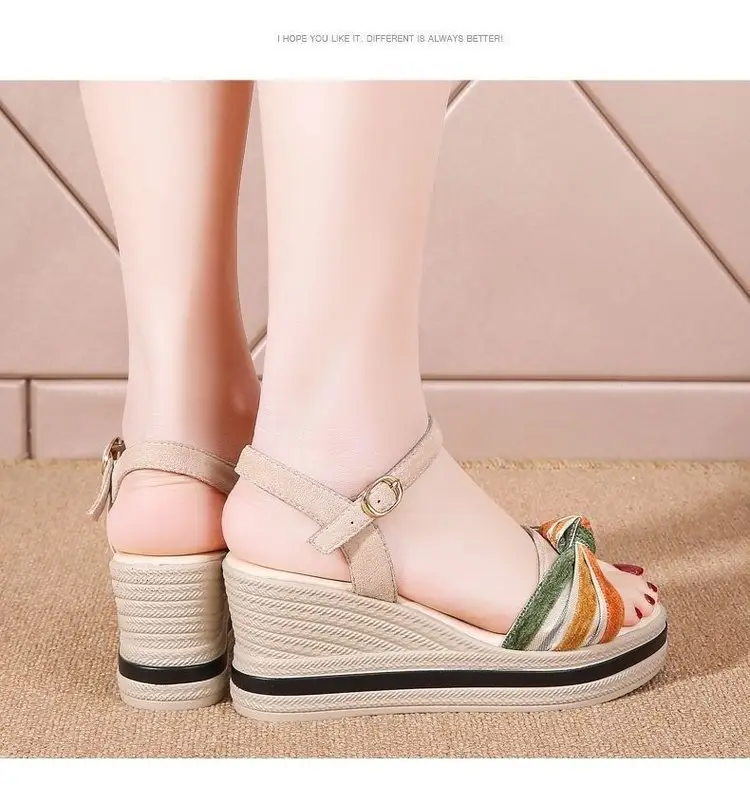 Wedge leather sandals for women 2024 Summer new all-match buckle high heel platform increased casual outdoor slippers — feature 10
