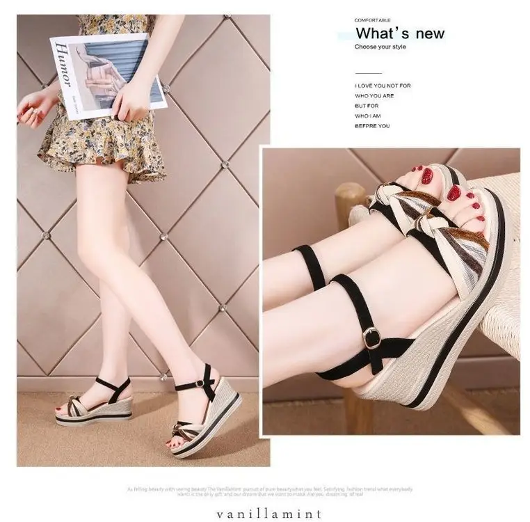 Wedge leather sandals for women 2024 Summer new all-match buckle high heel platform increased casual outdoor slippers — feature 12