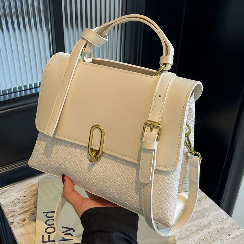 Women's Beige White Textured Shoulder Bag with Gold Clasp - Image 6