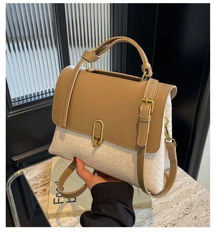 Women's Beige White Textured Shoulder Bag with Gold Clasp — feature 1