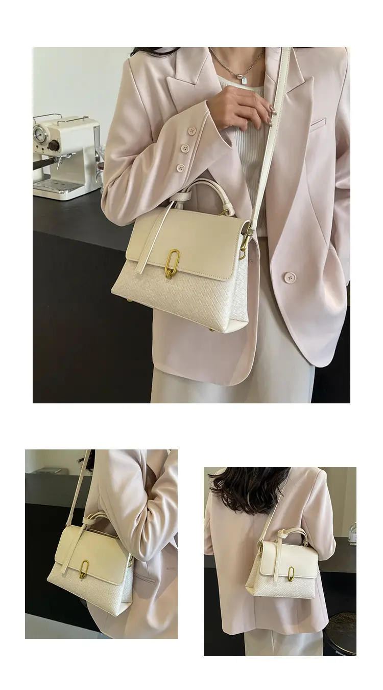 Women's Beige White Textured Shoulder Bag with Gold Clasp — feature 11